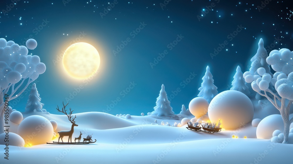 A snowy holiday background with reindeer, sleighs, and a glowing moon, creating a magical, wintry night scene.