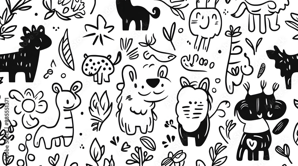Fototapeta premium Cute baby animal cartoon seamless pattern vector illustration set with rabbits, cats, bears, cows, pandas, dogs, sheep, and more