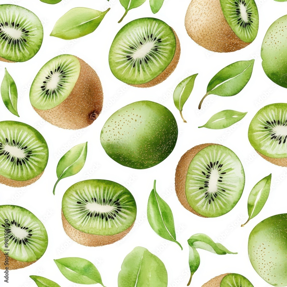 Fototapeta premium Watercolor seamless pattern of kiwi fruits, isolated on a white background.