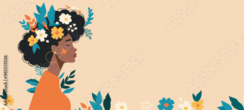 Happy Women's Day. African American woman with flowers in her hair on a gentle pastel pink background. Happy Mother's Day. Vector horizontal holiday banner with space for text. Feminism concept