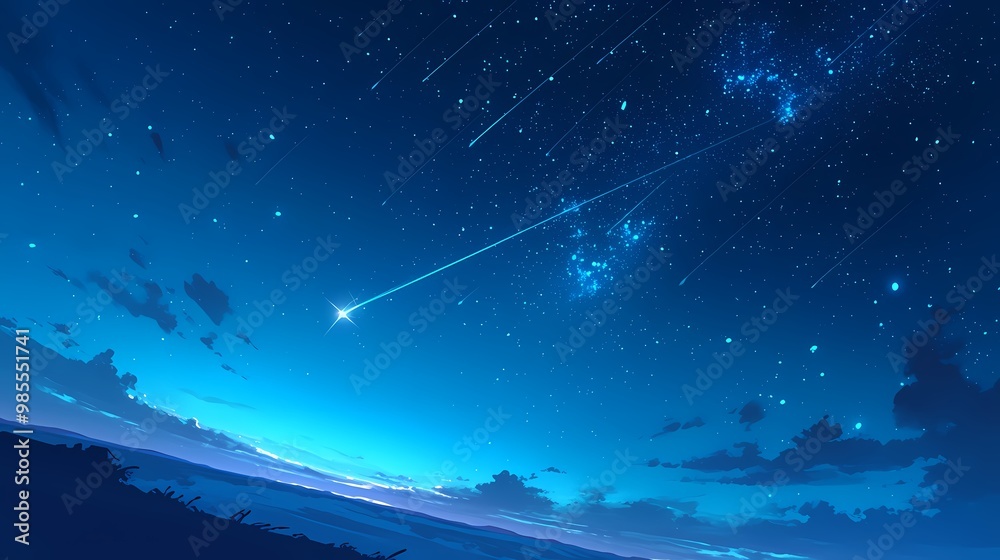 A breathtaking night sky with shooting stars and a deep blue horizon. A breathtaking night sky with shooting stars and a deep blue horizon.