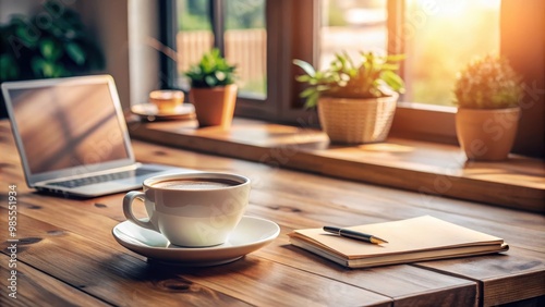 Wallpaper Mural Closeup of wooden desk with a cup of coffee in cozy room setting Torontodigital.ca