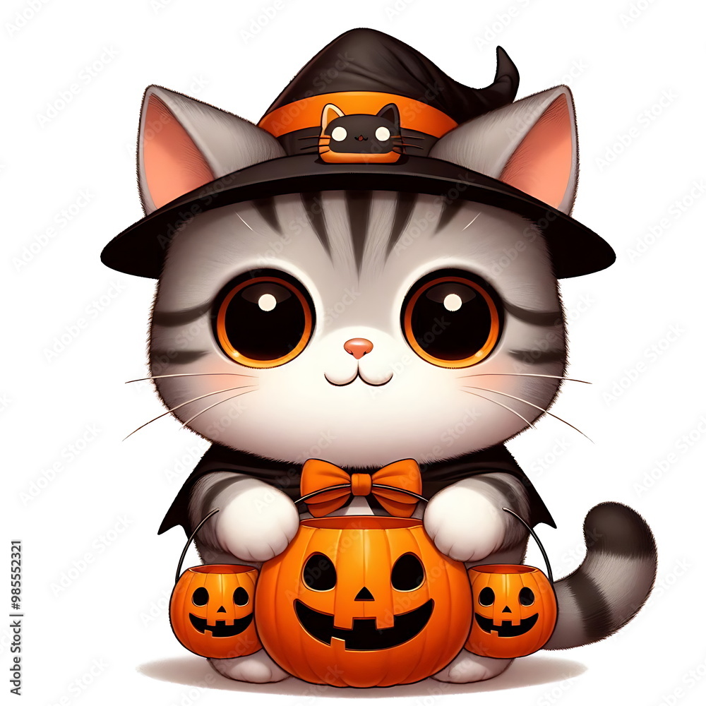 Cute Halloween Cat with Pumpkins, Animation Style, Happy and Beautiful, Hat ,Design for T-Shirts, Stickers, or Any Product, White Background, AI-Generated Cute Halloween Cat with Pumpkins, Animation Style, Happy and Beautiful, Hat ,Design for T-Shirts, Stickers, or Any Product, White Background, AI-Generated