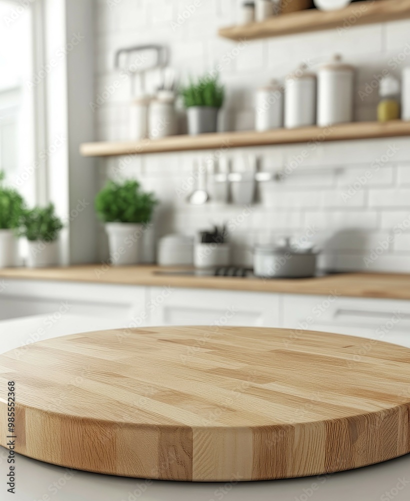 Beautiful round wood tabletop counter inside, empty, with a bright, clean kitchen background. Ideal for banners and product montage displays.