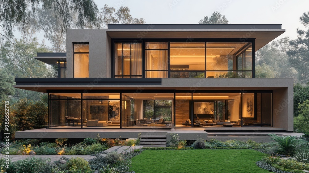 Modern Glass House with Lush Greenery Modern Glass House with Lush Greenery