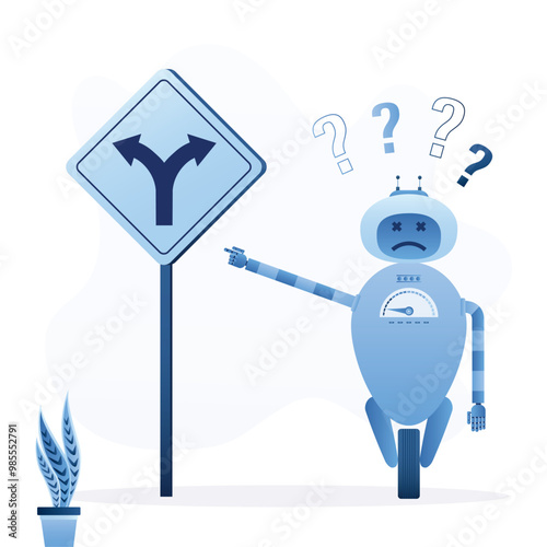 Robot standing near crossroad and thinking which way to go on road sign. Program failure, algorithm error, neural network cannot give correct answer.