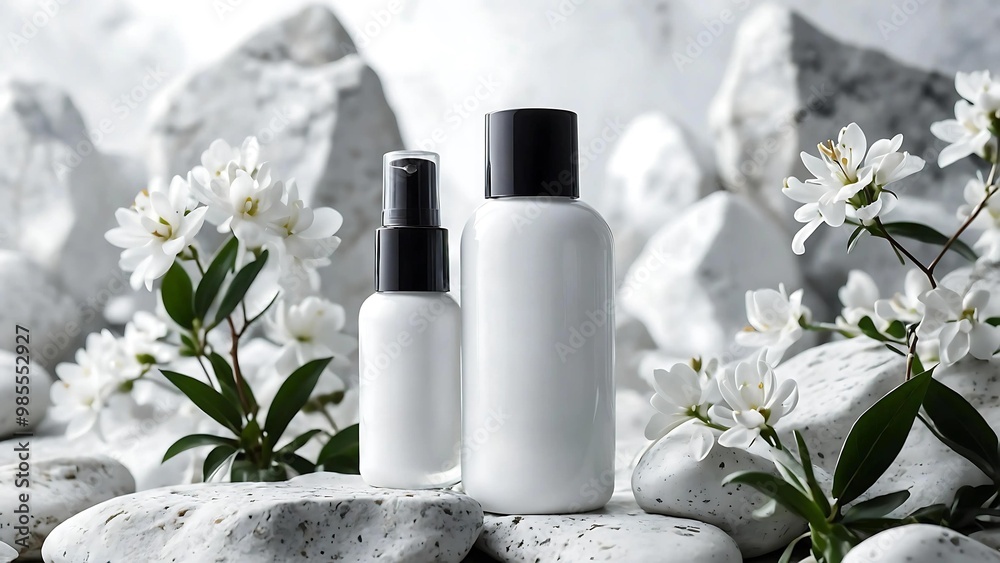 Clear cosmetic bottle on a smooth stone Clear cosmetic bottle on a smooth stone