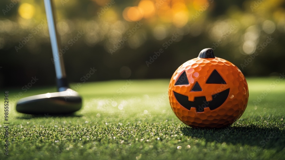 Naklejka premium The vibrant pumpkin-shaped golf ball sits on lush green grass, adding a festive touch to the golf course as autumn colors begin to emerge