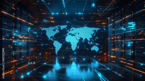 The advanced digital world map glows against a backdrop of sleek data servers, highlighting global connectivity in a high-tech environment filled with vibrant lights