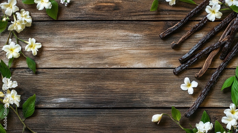 Wooden background with vanilla sticks and flowers for a flat lay composition with ample copy space. Wooden background with vanilla sticks and flowers for a flat lay composition with ample copy space.