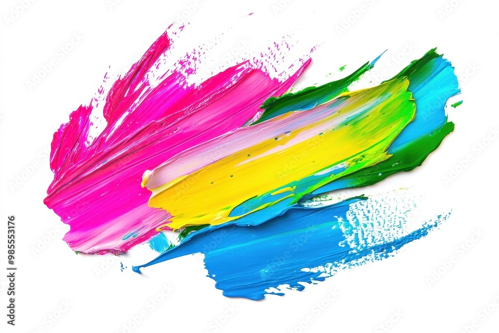 A vibrant abstract composition of colorful paint strokes on a white background.