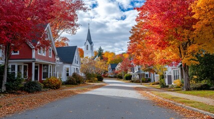 Vibrant fall colors create a stunning backdrop in a charming New England village, with colorful leaves blanketing the street and a historic church steeple in the distance