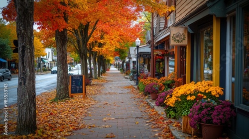 Fototapeta Naklejka Na Ścianę i Meble -  A charming small-town street lined with trees in brilliant autumn colors, featuring delightful shops and colorful flower displays, capturing the essence of fall