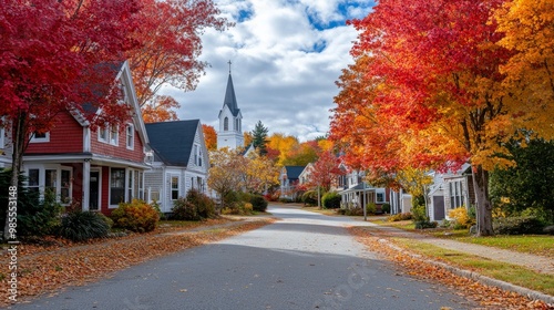 Fototapeta Naklejka Na Ścianę i Meble -  Vibrant fall colors create a stunning backdrop in a charming New England village, with colorful leaves blanketing the street and a historic church steeple in the distance