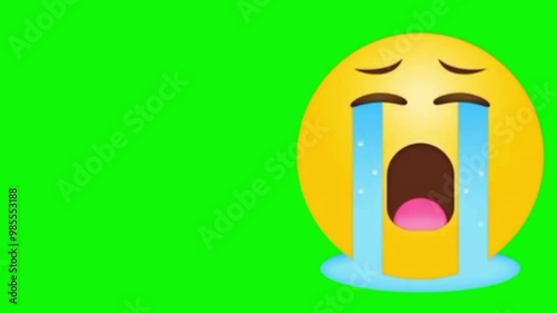 Animated crying face emoji on green screen background, perfect for emotional, humorous, and social media visuals, ideal for chroma keying and VFX composites