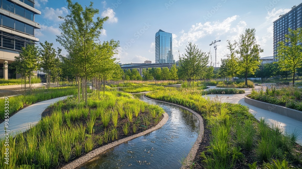 Fototapeta premium Lush green rain gardens and permeable walkways create a sustainable urban design, enhancing the cityscape and promoting ecological balance in the area