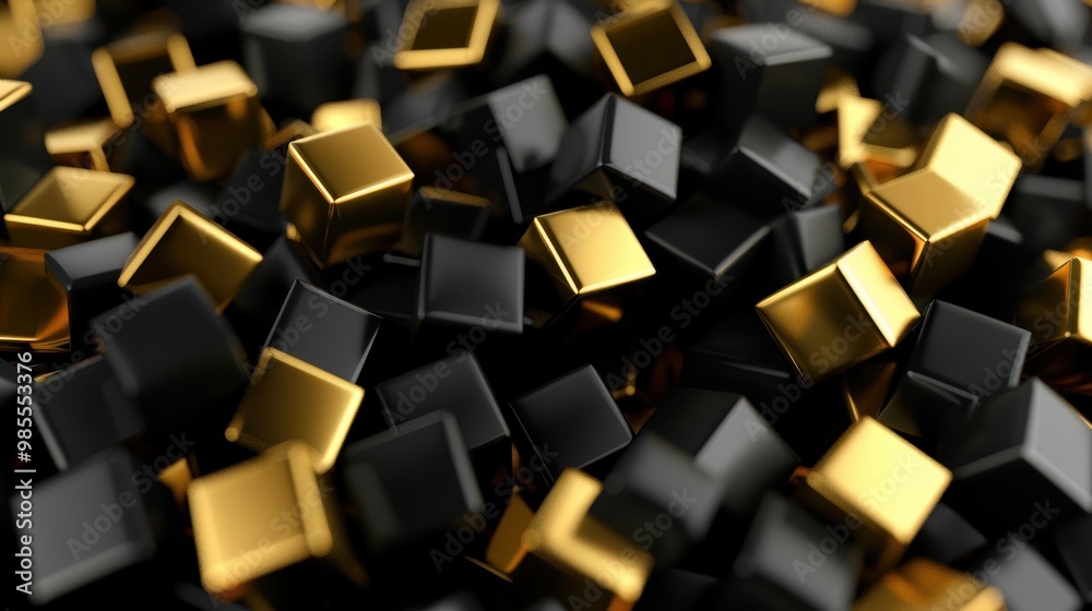 Chaotic Elegance, an intricate interplay of black and golden cubes creates a mesmerizing abstract backdrop, embodying complexity and allure in a dynamic three-dimensional space. Chaotic Elegance, an intricate interplay of black and golden cubes creates a mesmerizing abstract backdrop, embodying complexity and allure in a dynamic three-dimensional space.