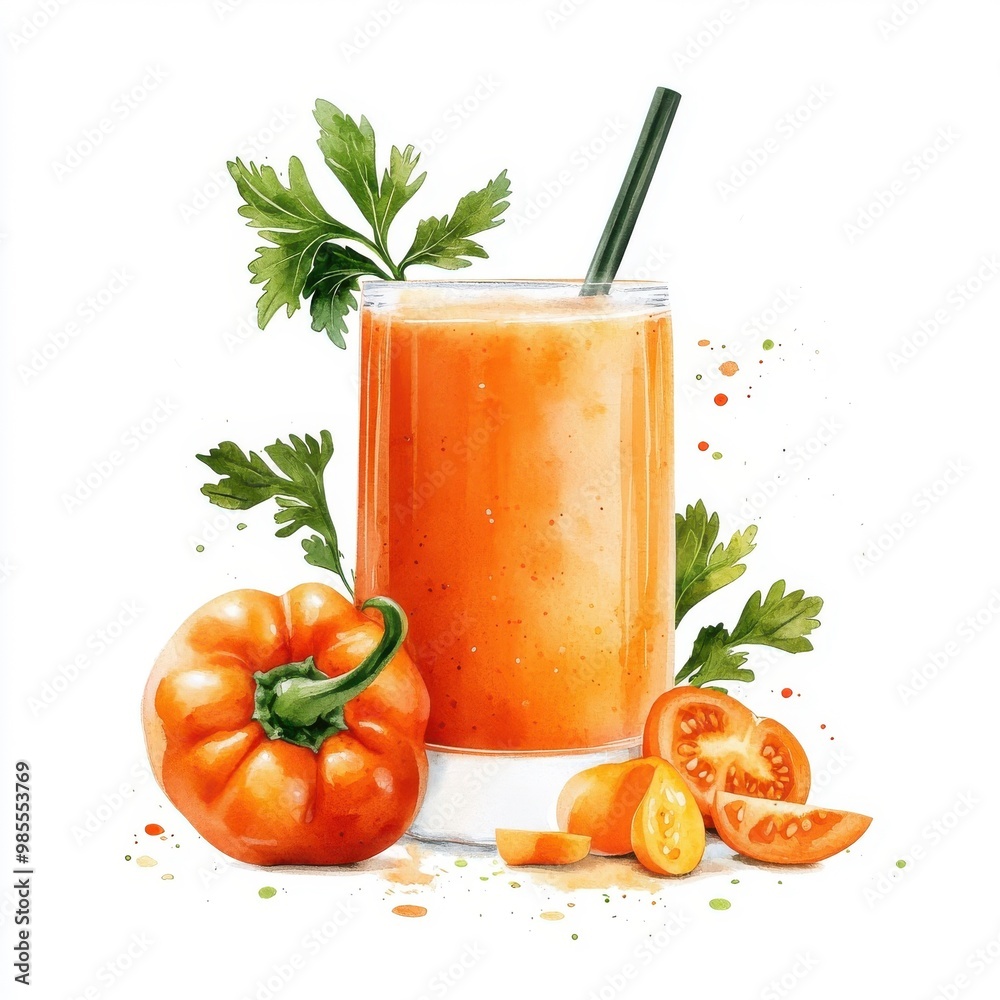 Watercolor bell pepper smoothie, isolated on a white background. Watercolor bell pepper smoothie, isolated on a white background.