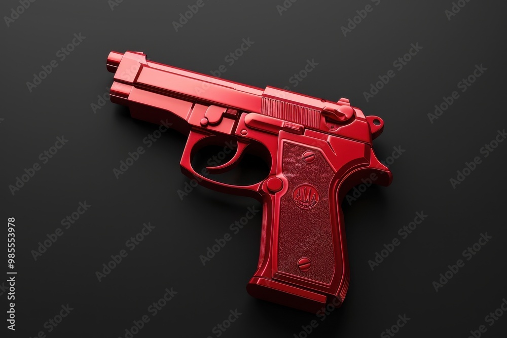 Red money gun ejecting a dollar bill, sleek design, modern digital illustration, vivid colors, dramatic contrast against a deep black background, capturing the essence of wealth and abundance