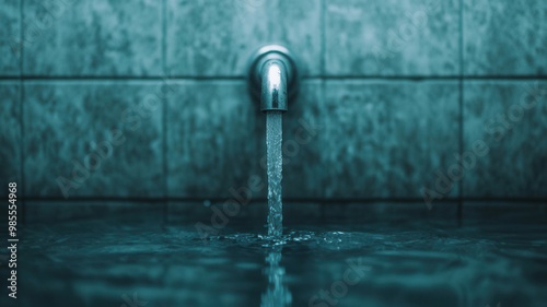 A close-up view of a water faucet pouring clear water into a dark, reflective surface, surrounded by textured tiles. photo