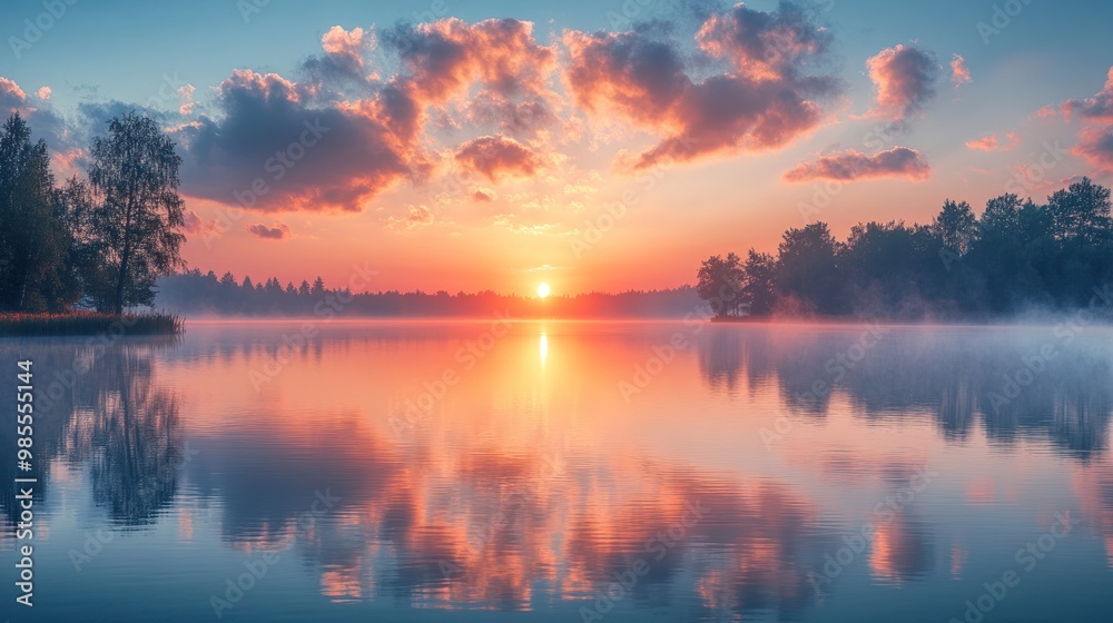 Fototapeta premium Serene Sunrise over Misty Lake