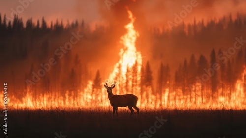 A deer stands resiliently in front of a raging wildfire, highlighting the contrast between nature and devastation. photo