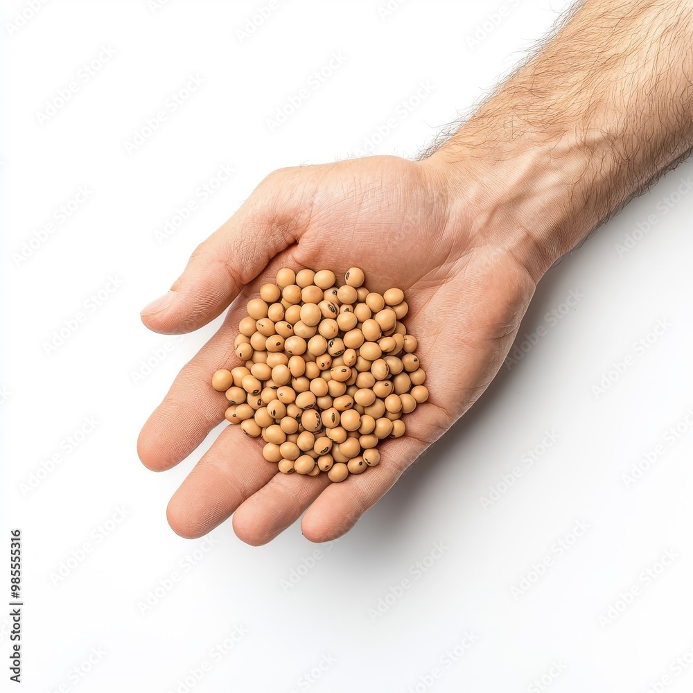 Hand holding soybeans, isolated on a white background. Hand holding soybeans, isolated on a white background.
