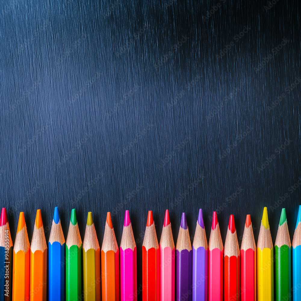 Colorful pencils in front of a blank blackboard. Back to school concept. Education banner Colorful pencils in front of a blank blackboard. Back to school concept. Education banner