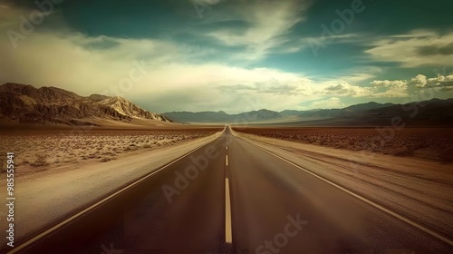 A scenic view of a long, empty road stretching into the horizon under a dramatic sky. Perfect for travel and adventure themes.