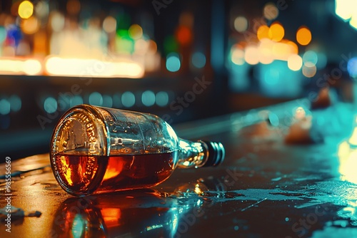 A neglected liquor bottle rests on a bar surface, symbolizing the toll of addiction on everyday existence. photo