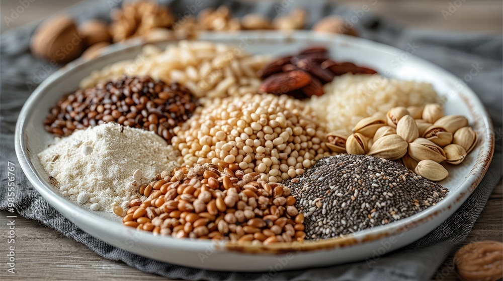 Plate containing various grains and seeds with their shells, including oats, barley, buckwheat, rice, millet, rapeseed powder, cornflakes, coconut flakes, walnut pieces, cashew pieces, and pine nuts.