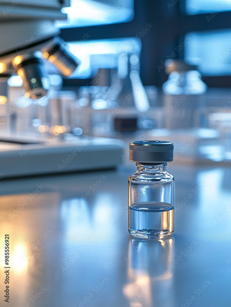 A detailed view of a vial containing antigonadotropin, positioned on a clean lab surface alongside various scientific tools. A detailed view of a vial containing antigonadotropin, positioned on a clean lab surface alongside various scientific tools.