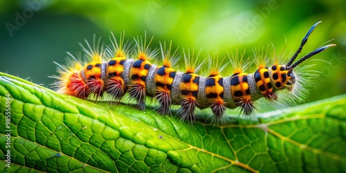 In a lively garden, a striking tiger moth caterpillar traverses the rich green leaves, highlighting nature's intricate