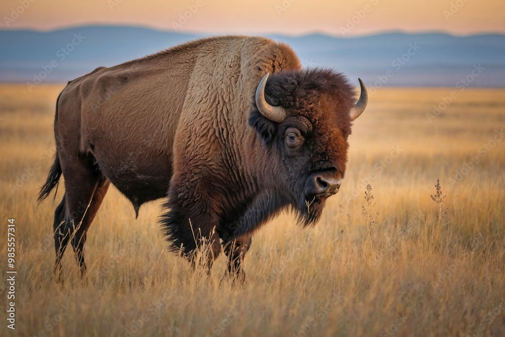 Bison Grazing on a Vast Prairie Beneath a Wide, Open Sky Bison Grazing on a Vast Prairie Beneath a Wide, Open Sky