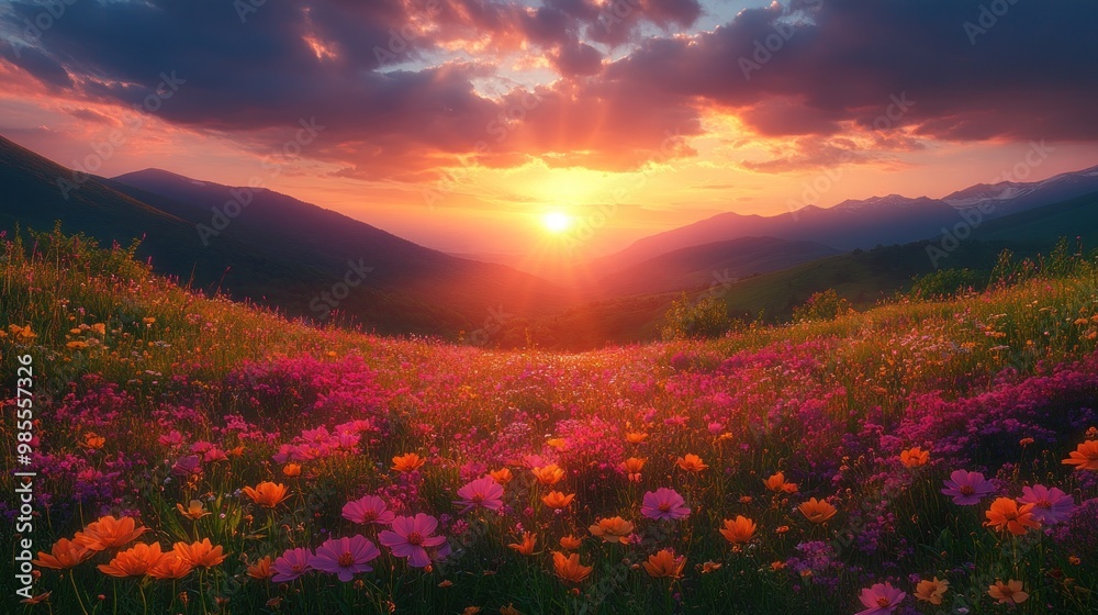 Fototapeta premium Sunset over a Field of Flowers
