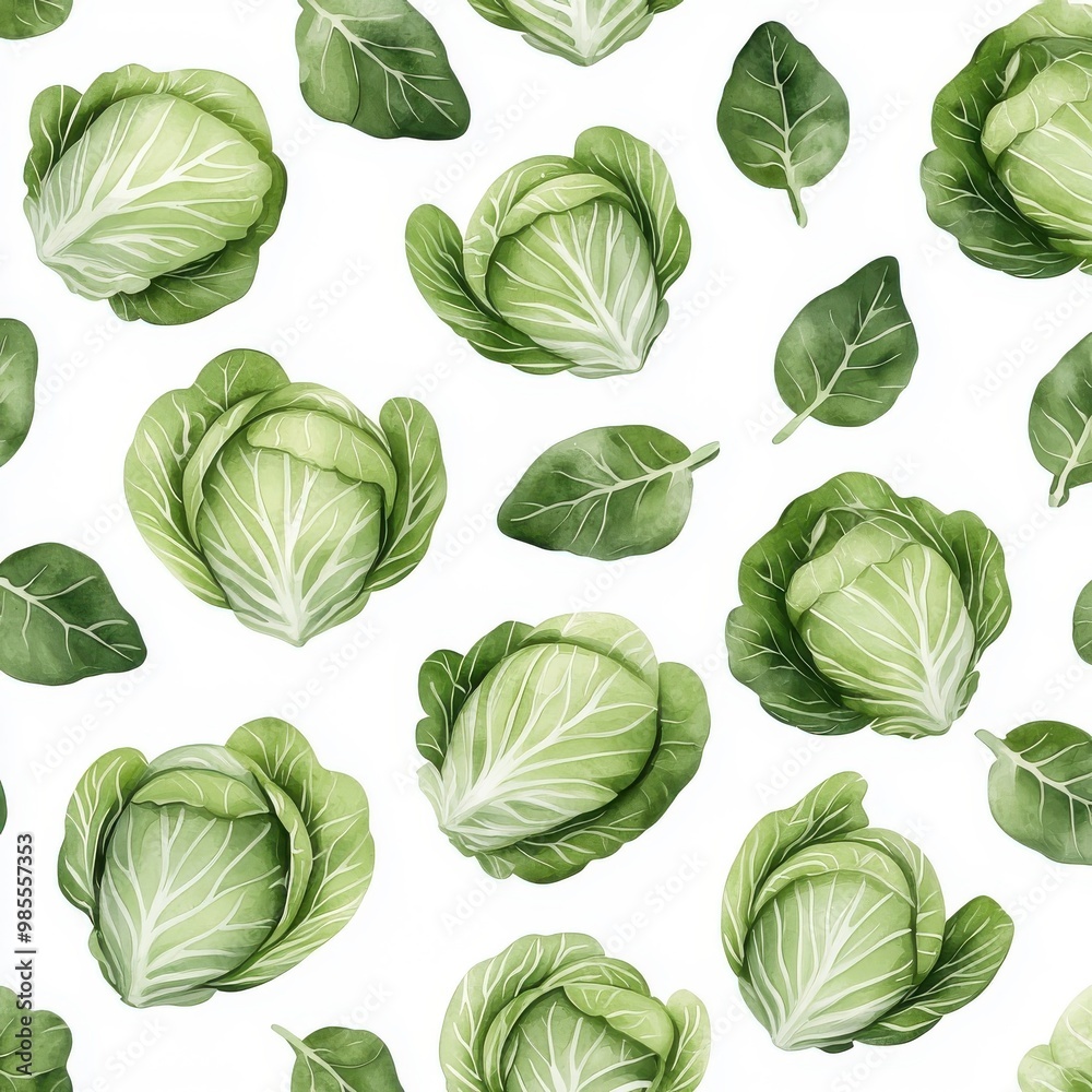 Watercolor seamless pattern of cabbage, isolated on a white background.