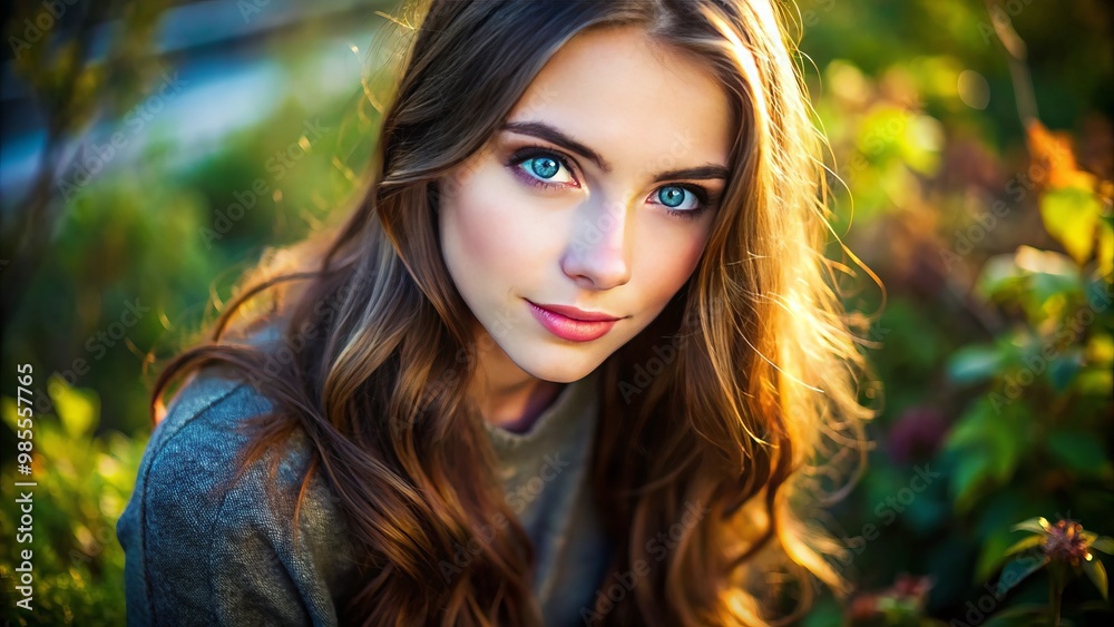 In a tranquil outdoor scene, a graceful woman with brown hair and blue eyes poses beautifully under soft, In a tranquil outdoor scene, a graceful woman with brown hair and blue eyes poses beautifully under soft,