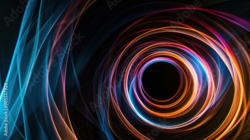 Abstract multicolored background with infinite light trails spiral shaped on a black background. - stock photo