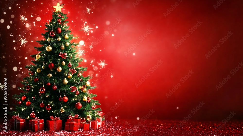 Christmas tree with decoration with copy space on red background. Christmas tree with decoration with copy space on red background.
