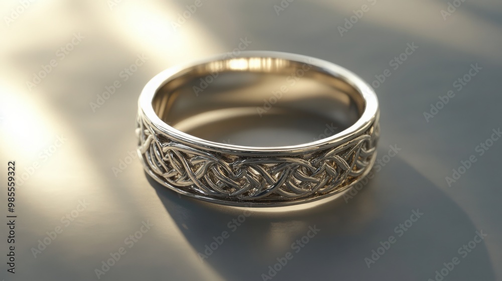 finely detailed silver ring, placed on a smooth, soft gray background finely detailed silver ring, placed on a smooth, soft gray background