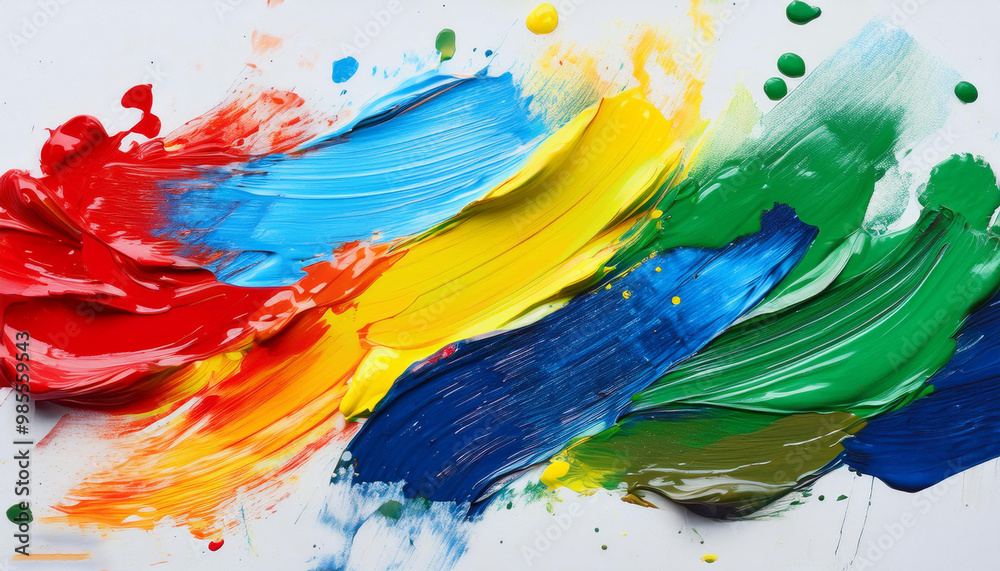 Vibrant paint strokes in blue, red, yellow, and green on a pristine white canvas Vibrant paint strokes in blue, red, yellow, and green on a pristine white canvas