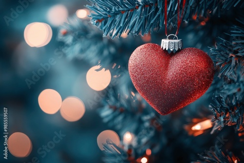 Decorative heart on Christmas tree, closeup. Festive background. Beautiful Christmas heart on blurred background, closeup with generative ai