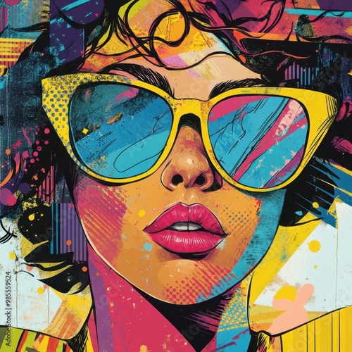 Stylized pop art portrait of a woman wearing funky yellow sunglasses.