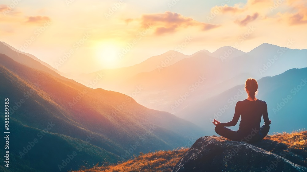A serene sunrise view with a person meditating in nature, surrounded by mountains and vibrant colors, embodying peace and tranquility. A serene sunrise view with a person meditating in nature, surrounded by mountains and vibrant colors, embodying peace and tranquility.