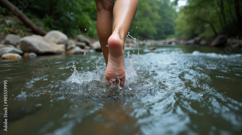 Relaxing Close-Up of Feet in a Flowing River Surrounded by Nature – Tranquil Water and Mountain Backdrop for Outdoor Adventure