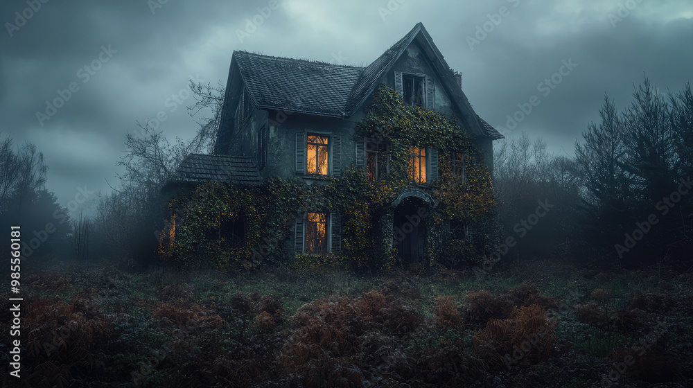 A creepy house with ivy growing on it A creepy house with ivy growing on it