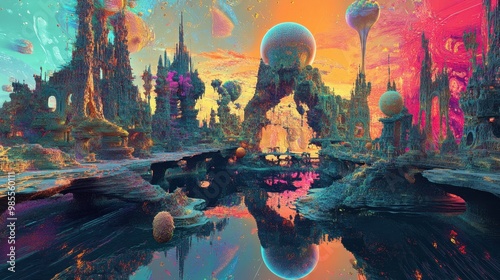 Surreal alien landscape with vibrant colors and strange, fantastical structures.