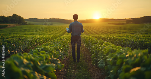 A Farmer Stands in the Middle of His Field Holding an Agricultural Tool