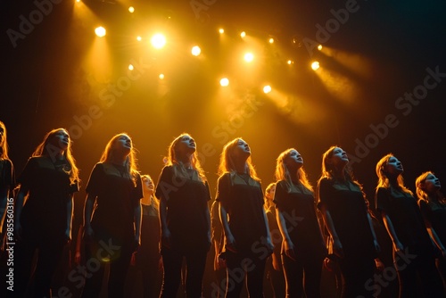 Unified in matching outfits, the choir delivers an impassioned performance, harmonizing brilliantly under vibrant stage illumination. photo