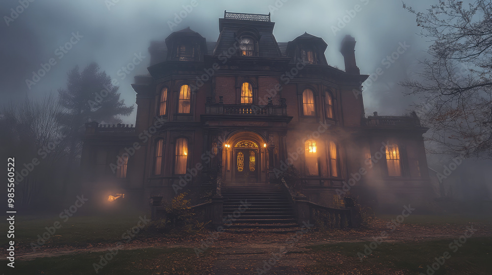 An old haunted mansion with a grand staircase visible through the cracked front door, shrouded in mist. An old haunted mansion with a grand staircase visible through the cracked front door, shrouded in mist.